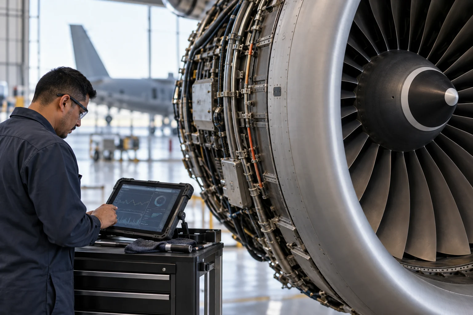 Aircraft engine maintenance supported by a rugged data tablet.