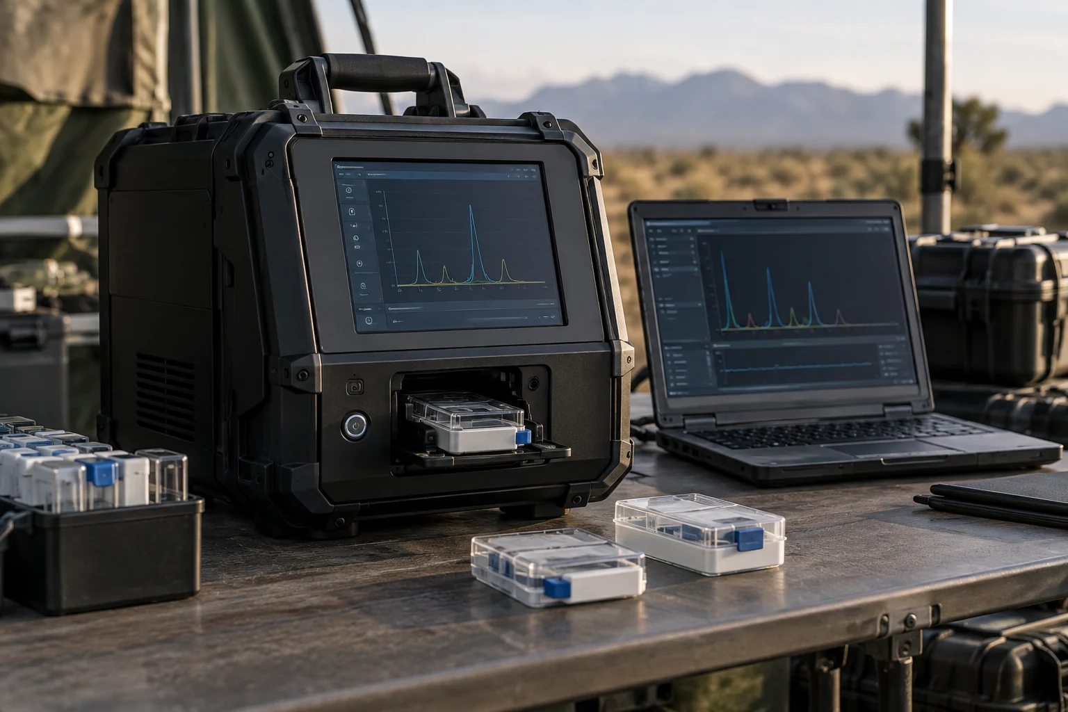 A portable detection instrument undergoing a calibration review.