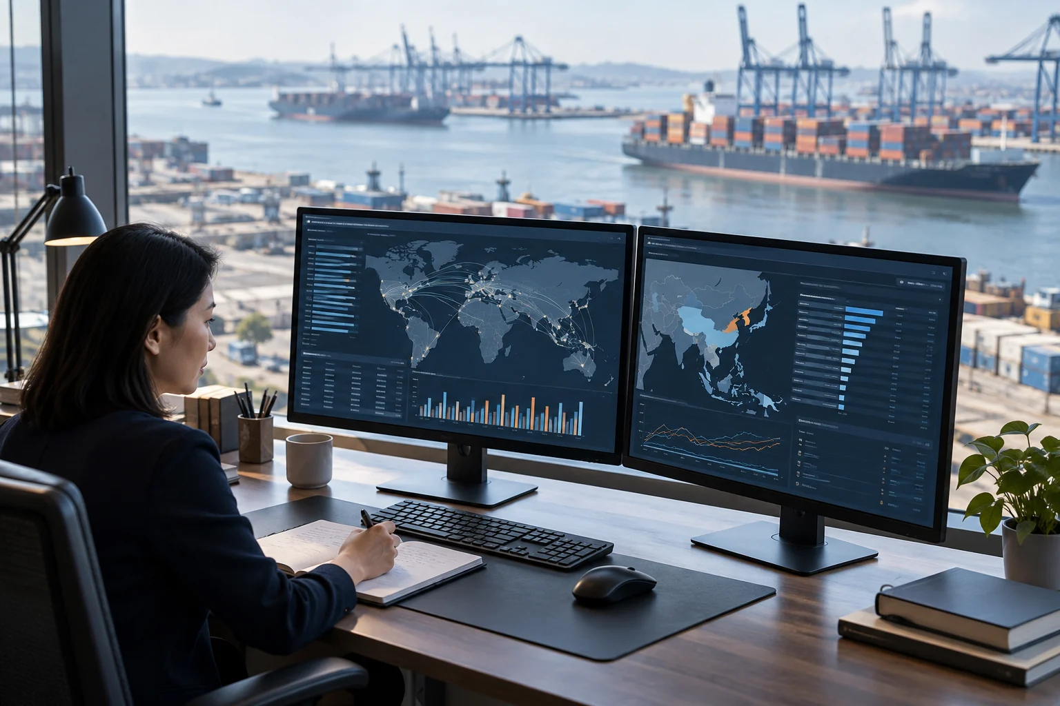Trade and economic data analysis overlooking a port.