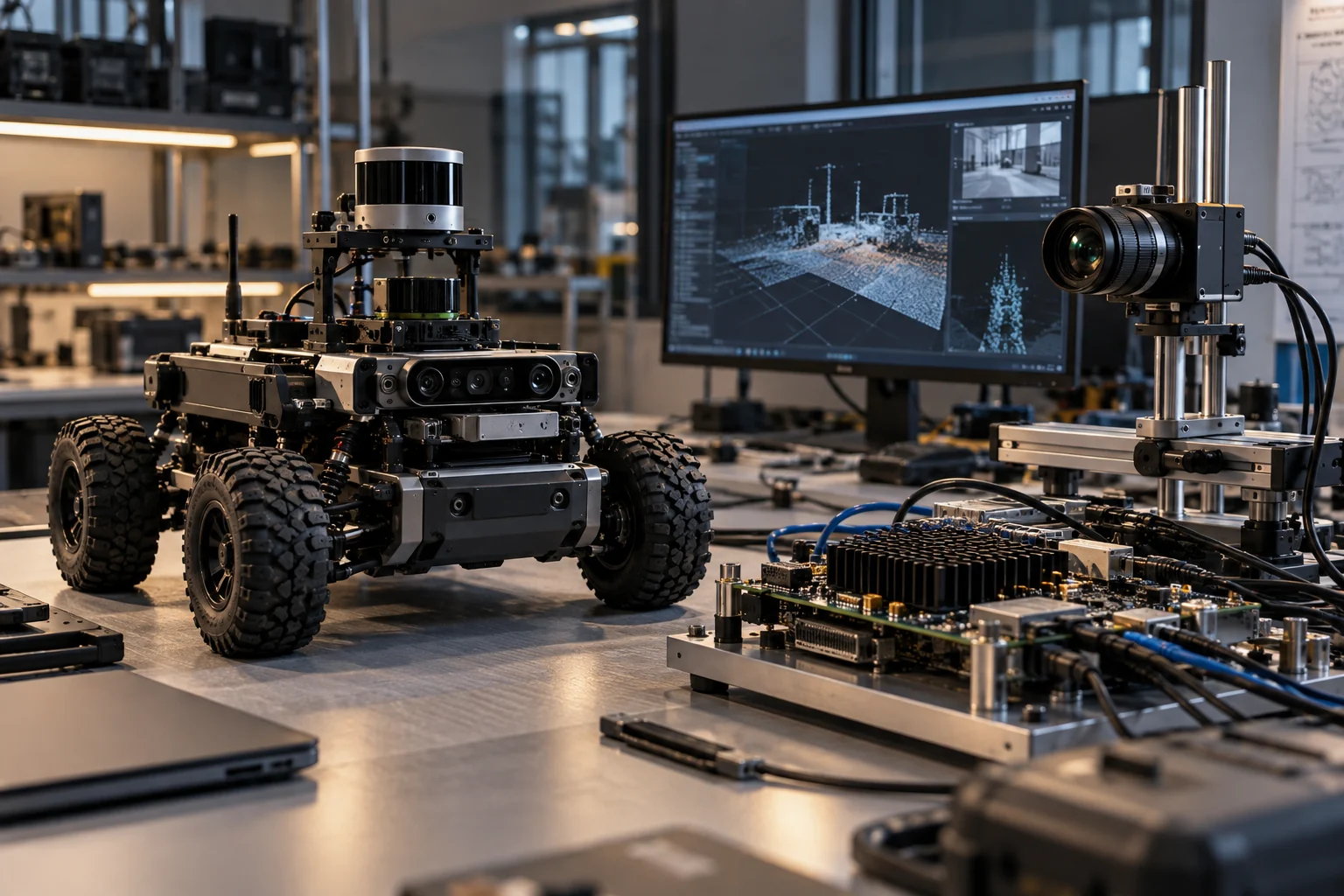 Autonomy and sensor hardware on a research test bench.