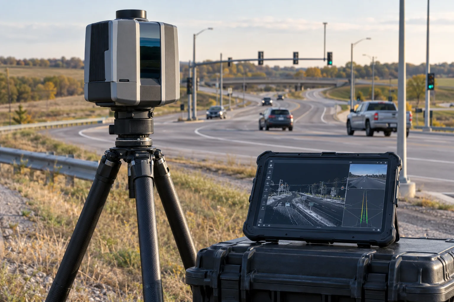 A roadside LiDAR scanner and tablet measuring roadway geometry.