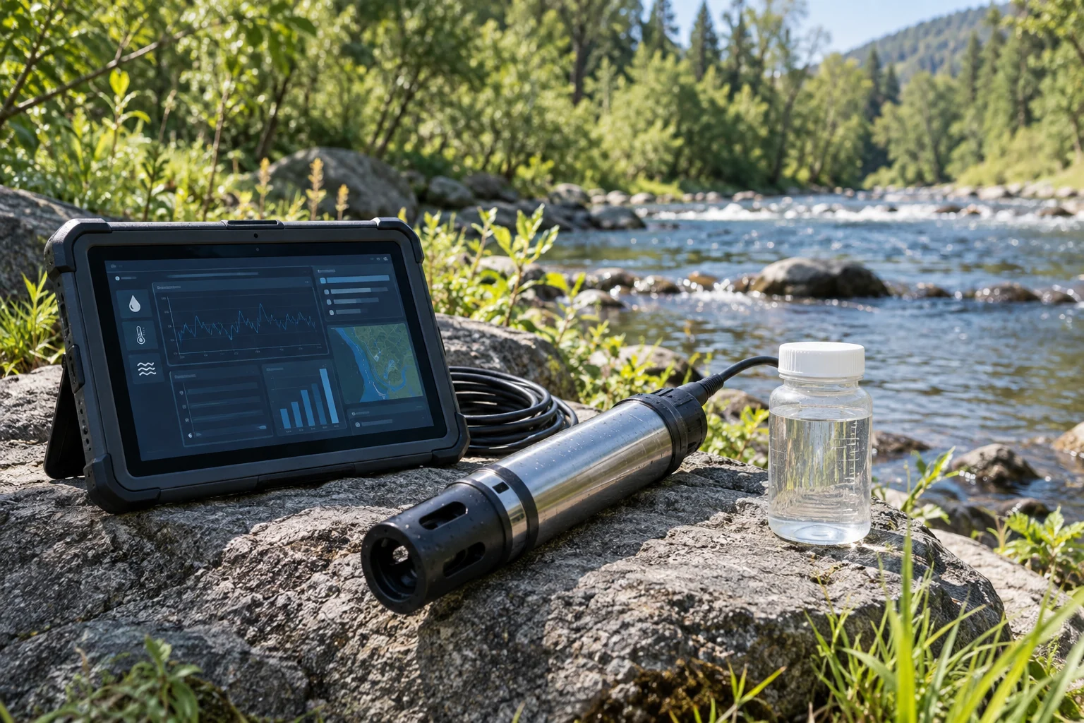 Water-quality sampling and field data beside a river.