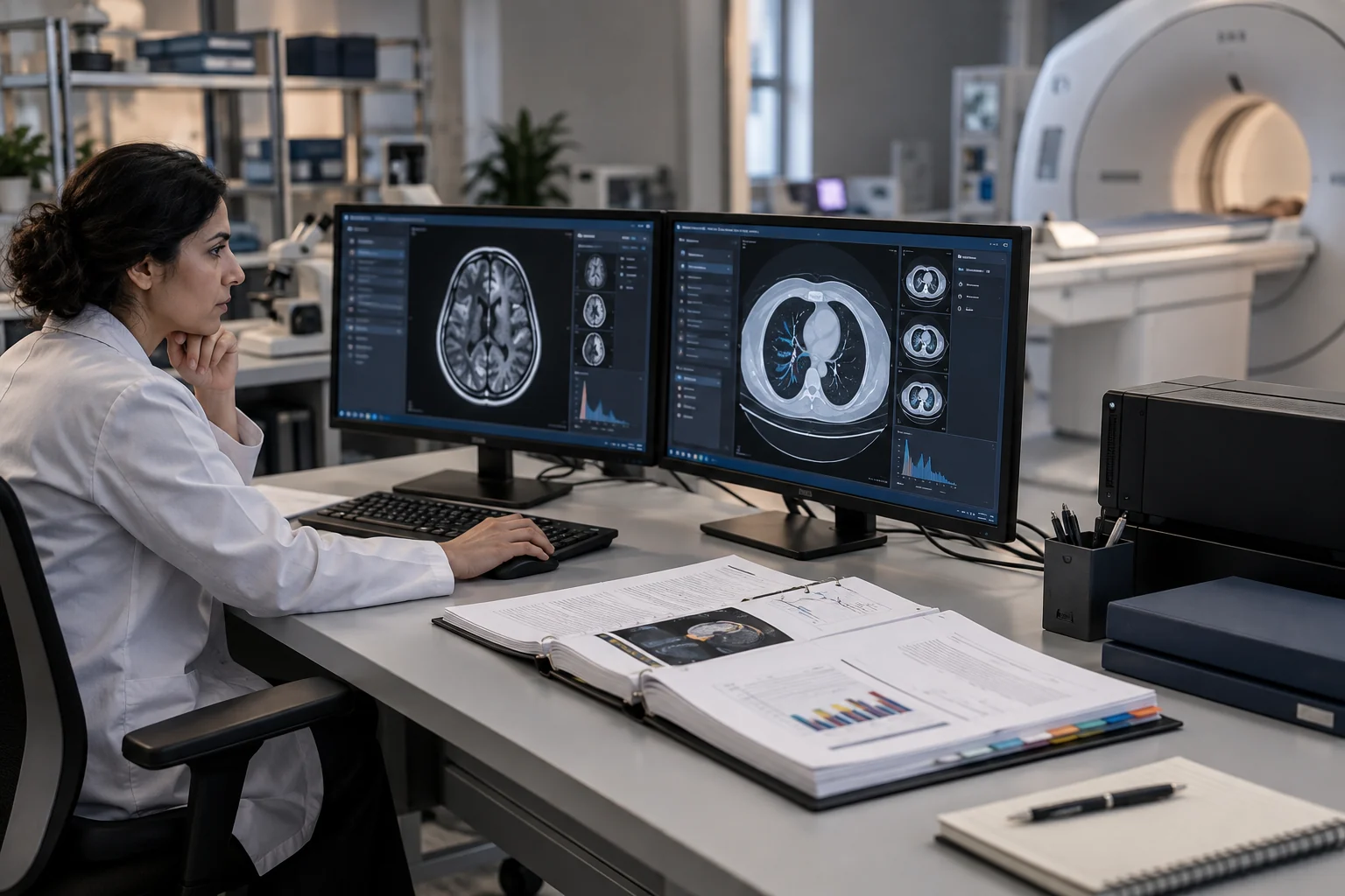 A medical device and supporting evaluation records in a laboratory.