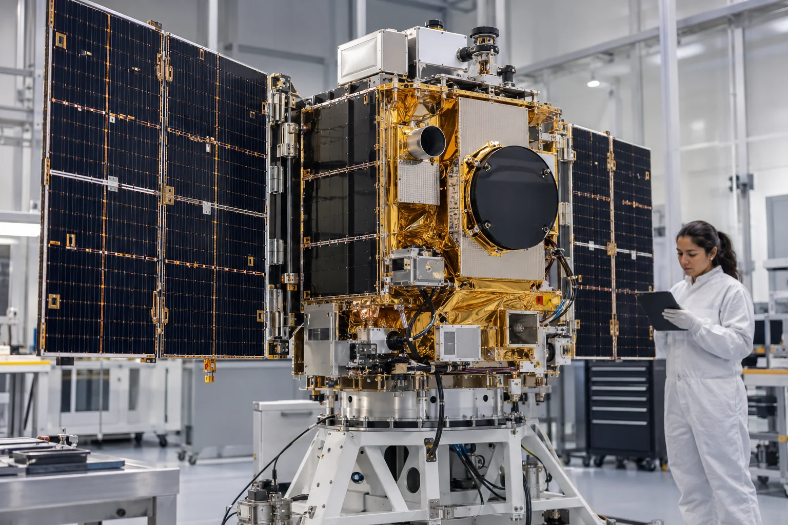 A satellite undergoing cleanroom integration and data review.