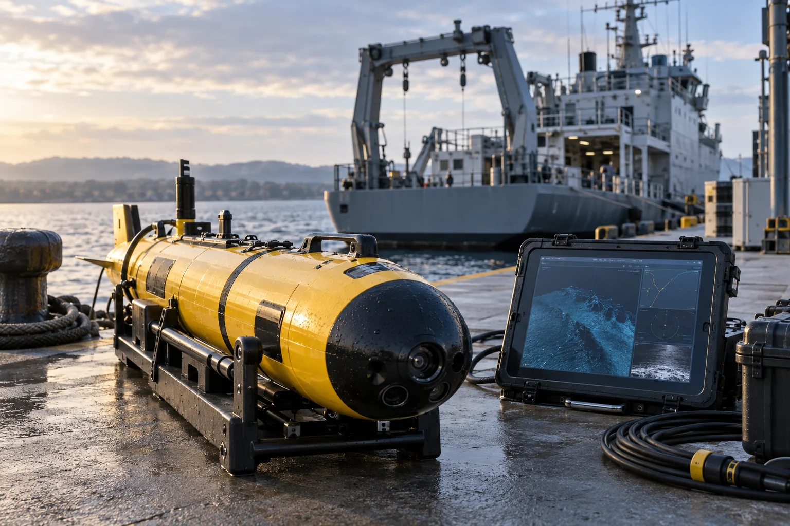 Marine research equipment and vessel diagnostics at a pier.