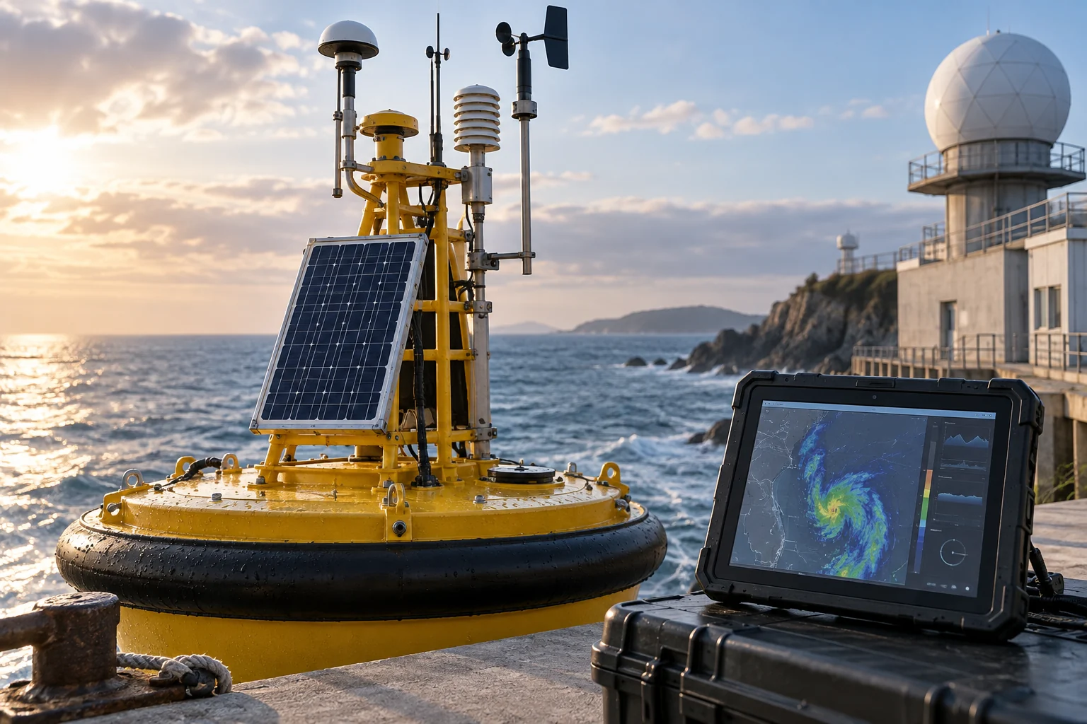 Ocean and weather observation equipment at a coastal station.