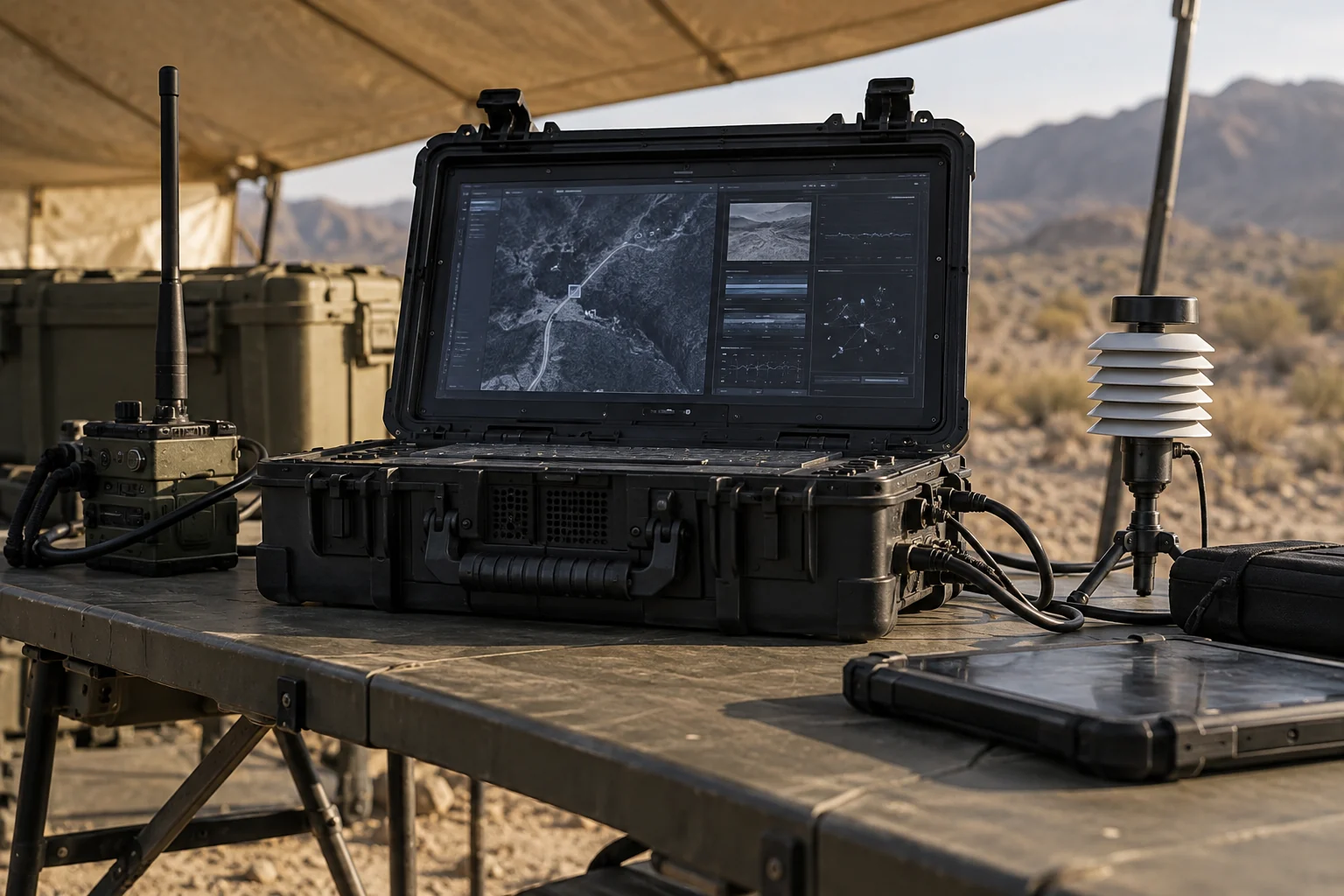 Portable edge computing and sensors in a field shelter.