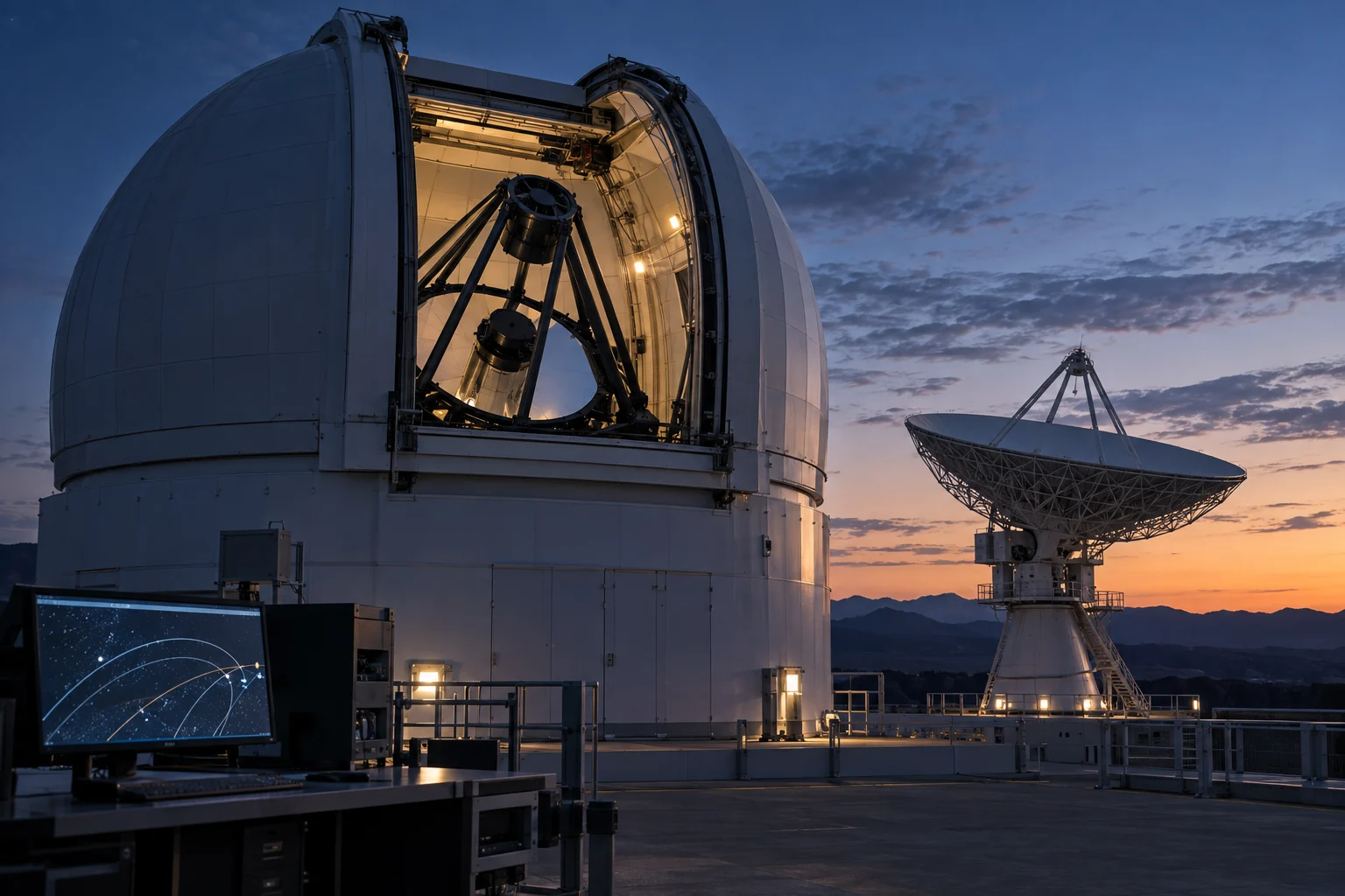 Space-observation instruments and an orbital tracking view.