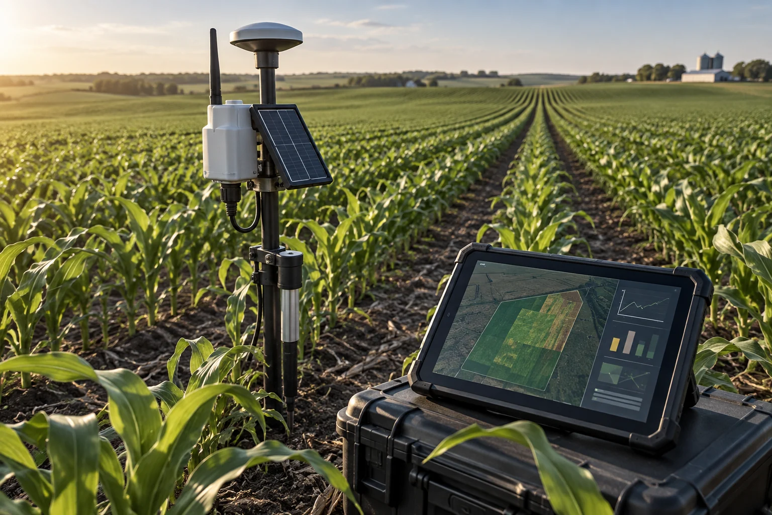 Crop rows and field sensors supporting precision agriculture.