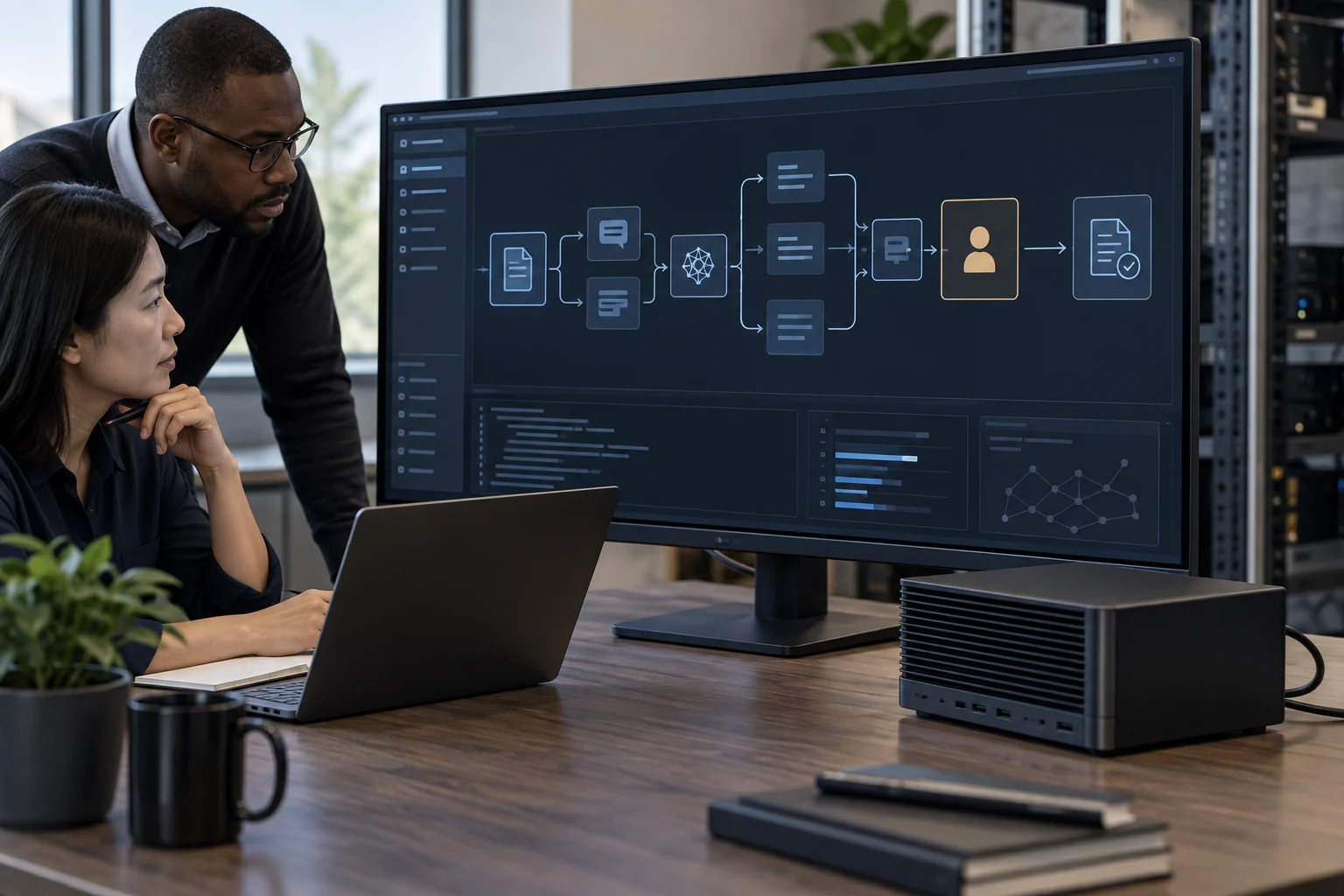 A workflow review station connected to a local computer.