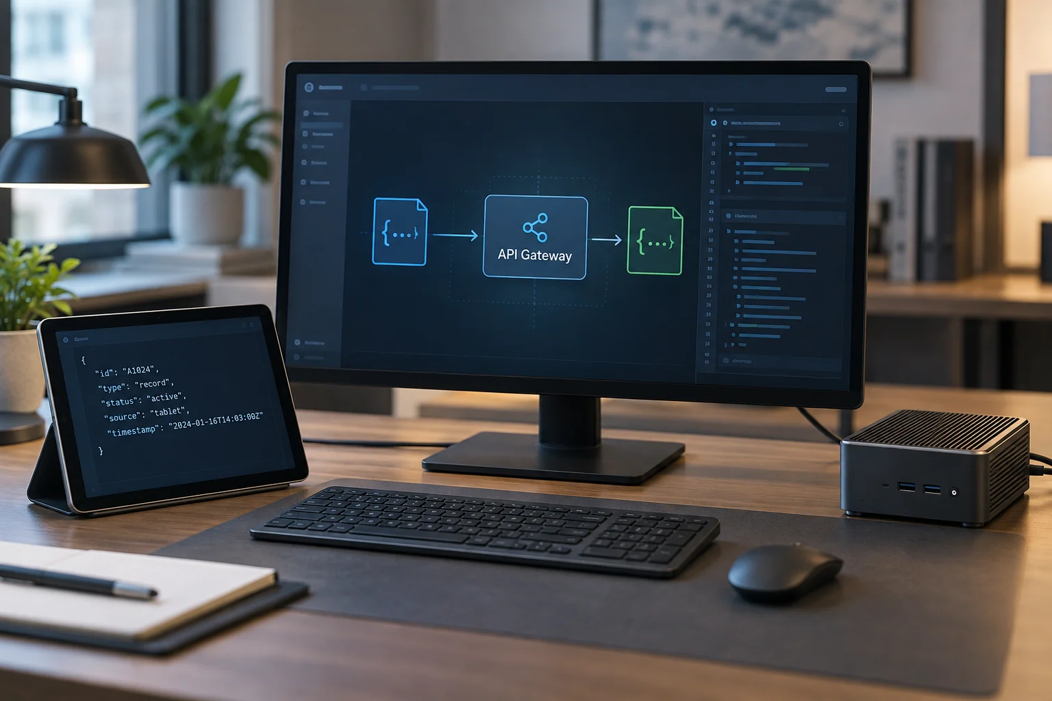 Devices connected through an application interface at a developer workstation.