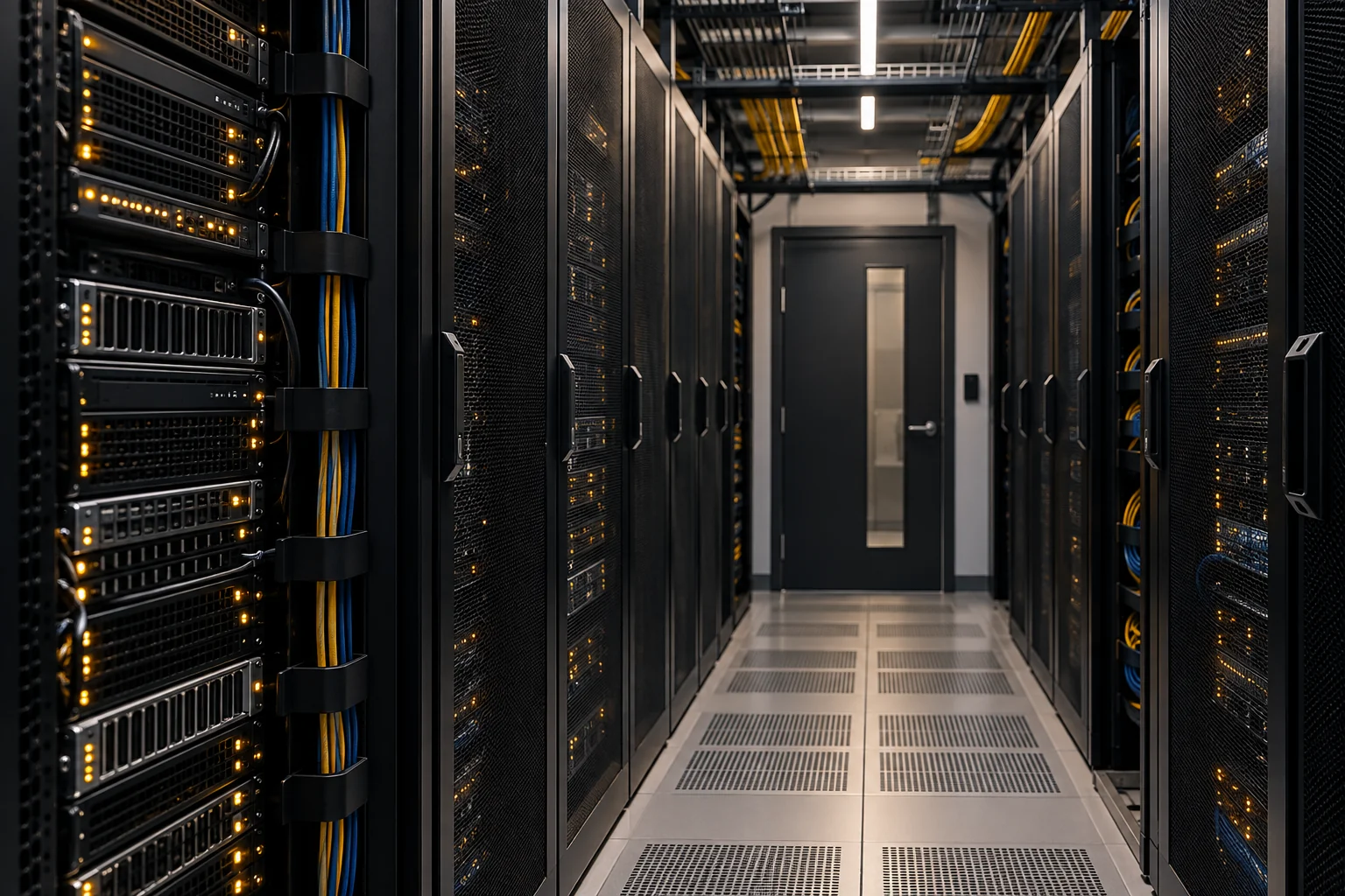 Organized server racks and secured access in a cloud facility.