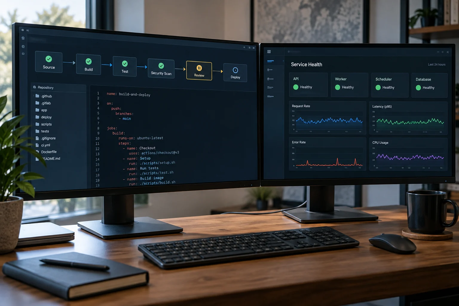 A software release pipeline and service health view.