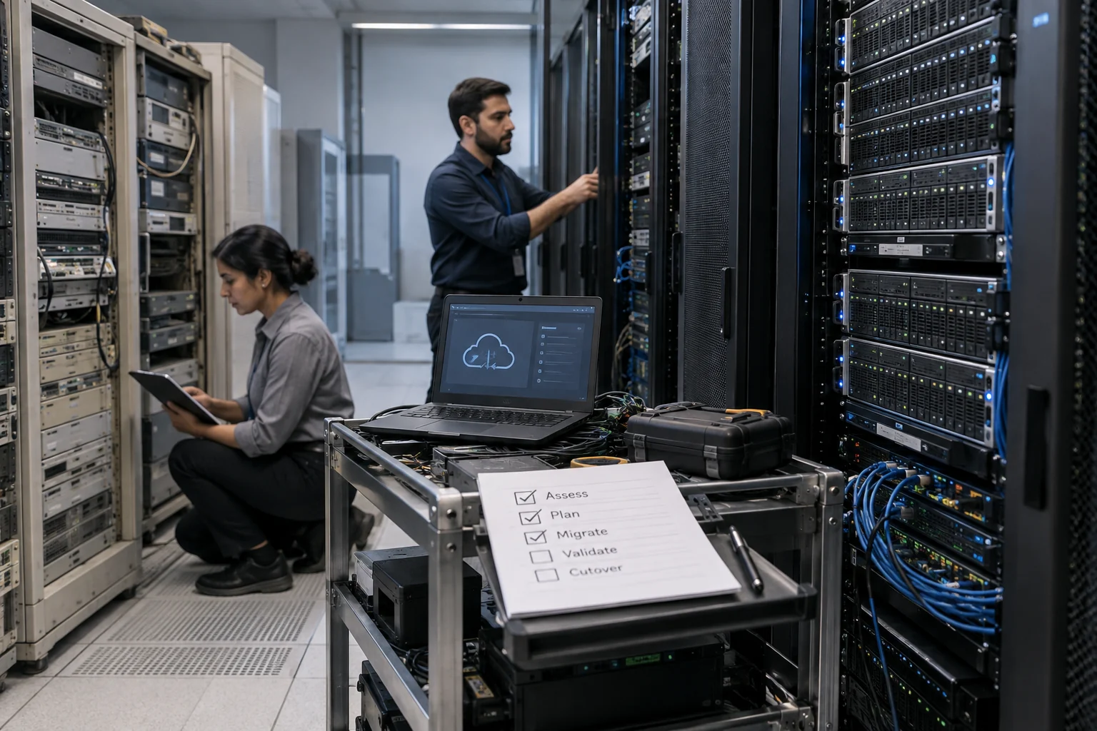 A staged transition between older and newer computing systems.