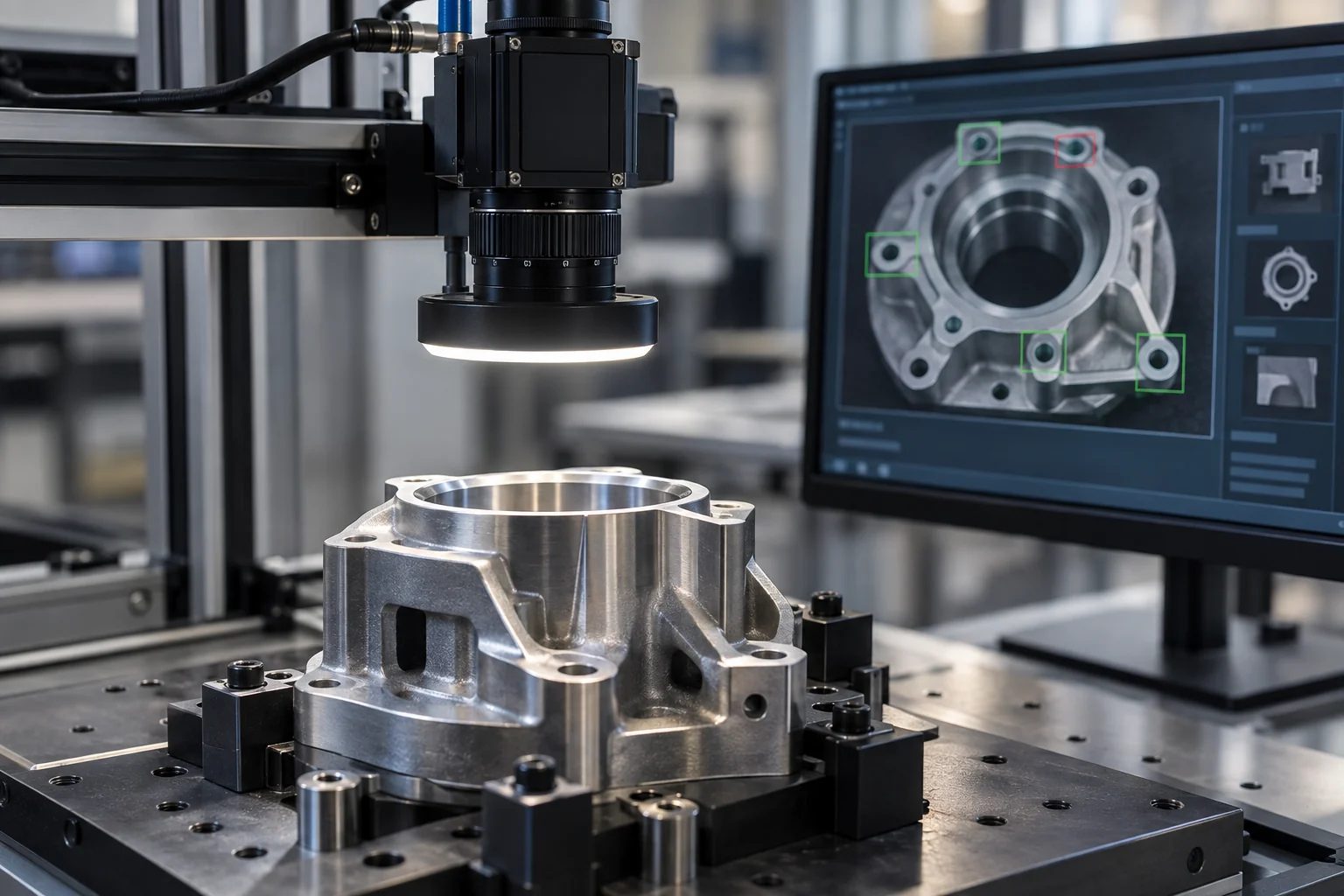 A vision camera inspecting a machined component.