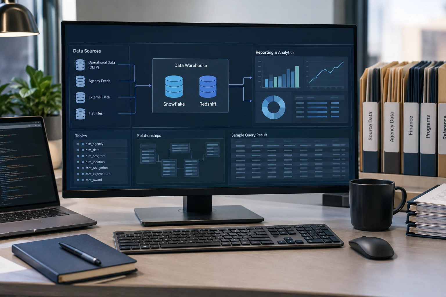 Structured data tables supporting a unified reporting view.