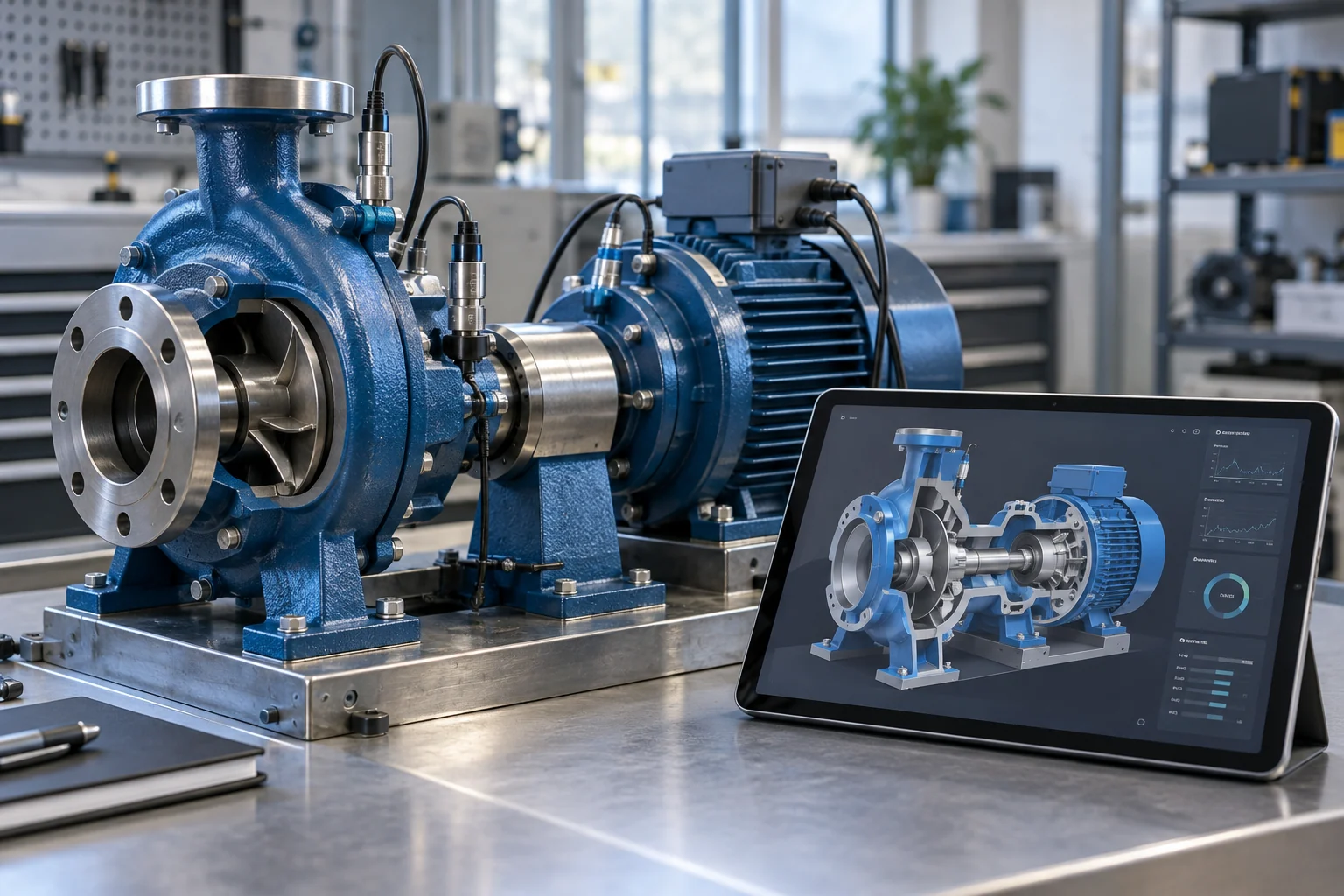 A sensor-equipped pump beside its digital model.