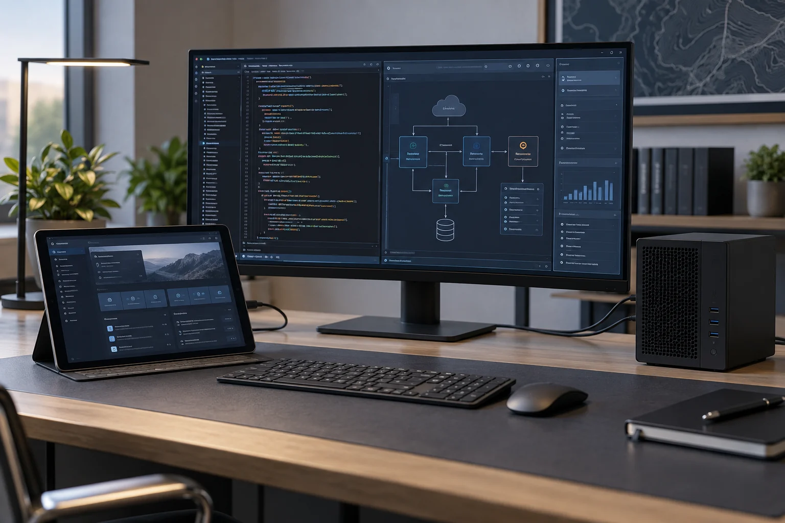 A user interface connected to application and data services.