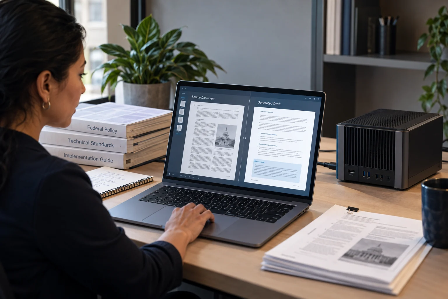 A generated draft reviewed alongside its source materials.