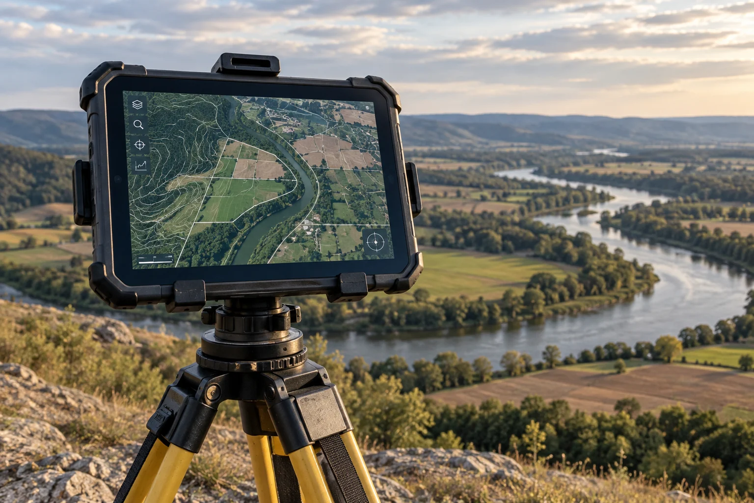 A mapping tablet overlooking farmland and a river.