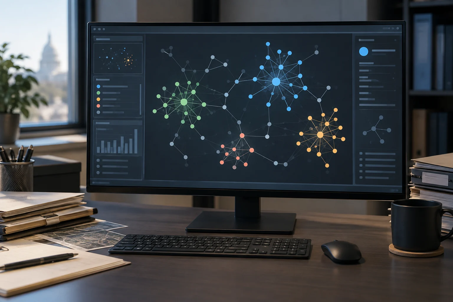 A network of related records with source documents nearby.