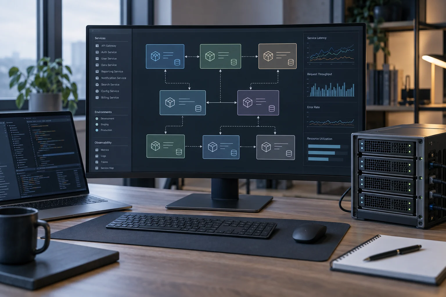 Independent software services connected through message paths.