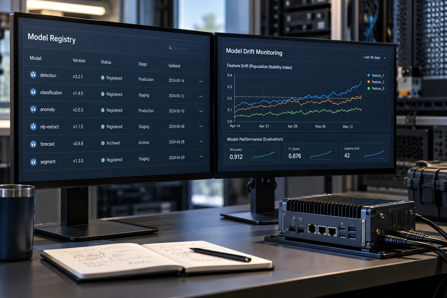 Model version management and drift monitoring beside a deployed device.