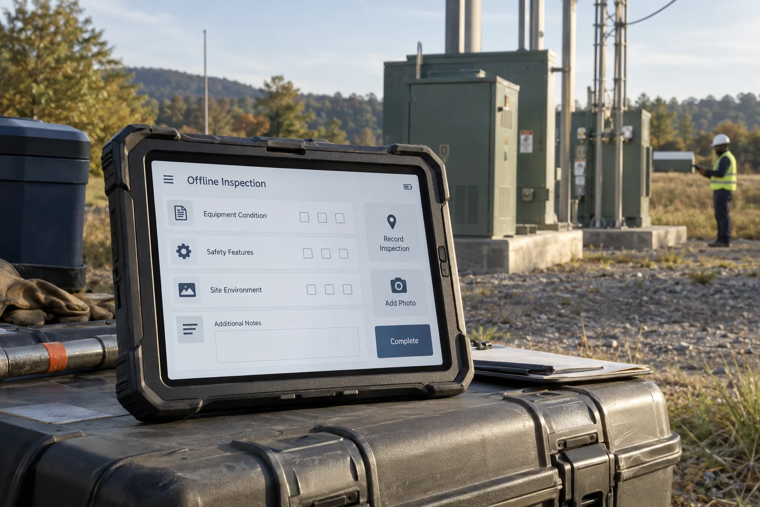 A field inspector using an offline-capable tablet.
