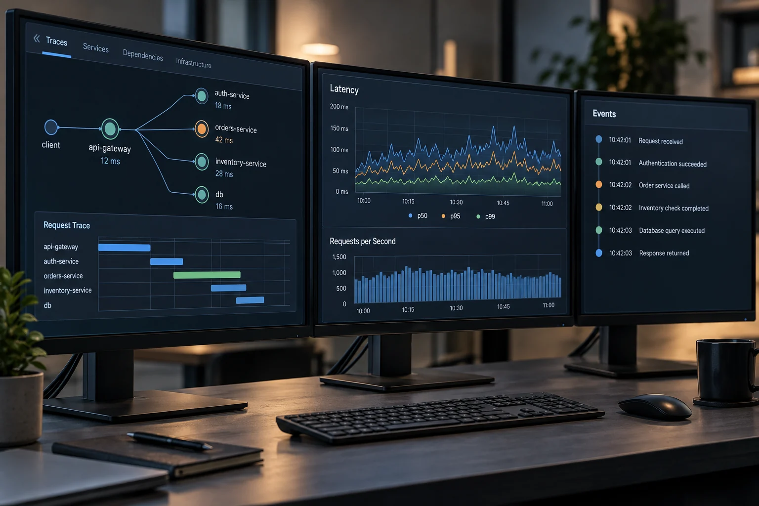 Coordinated service traces, metrics and event monitoring.