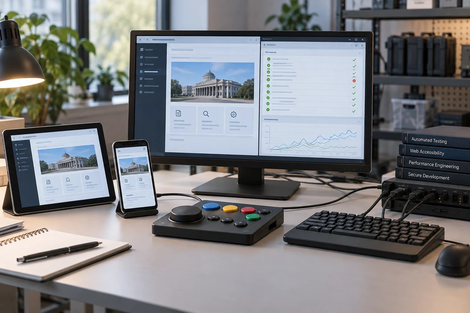 An application tested across desktop, tablet and phone.