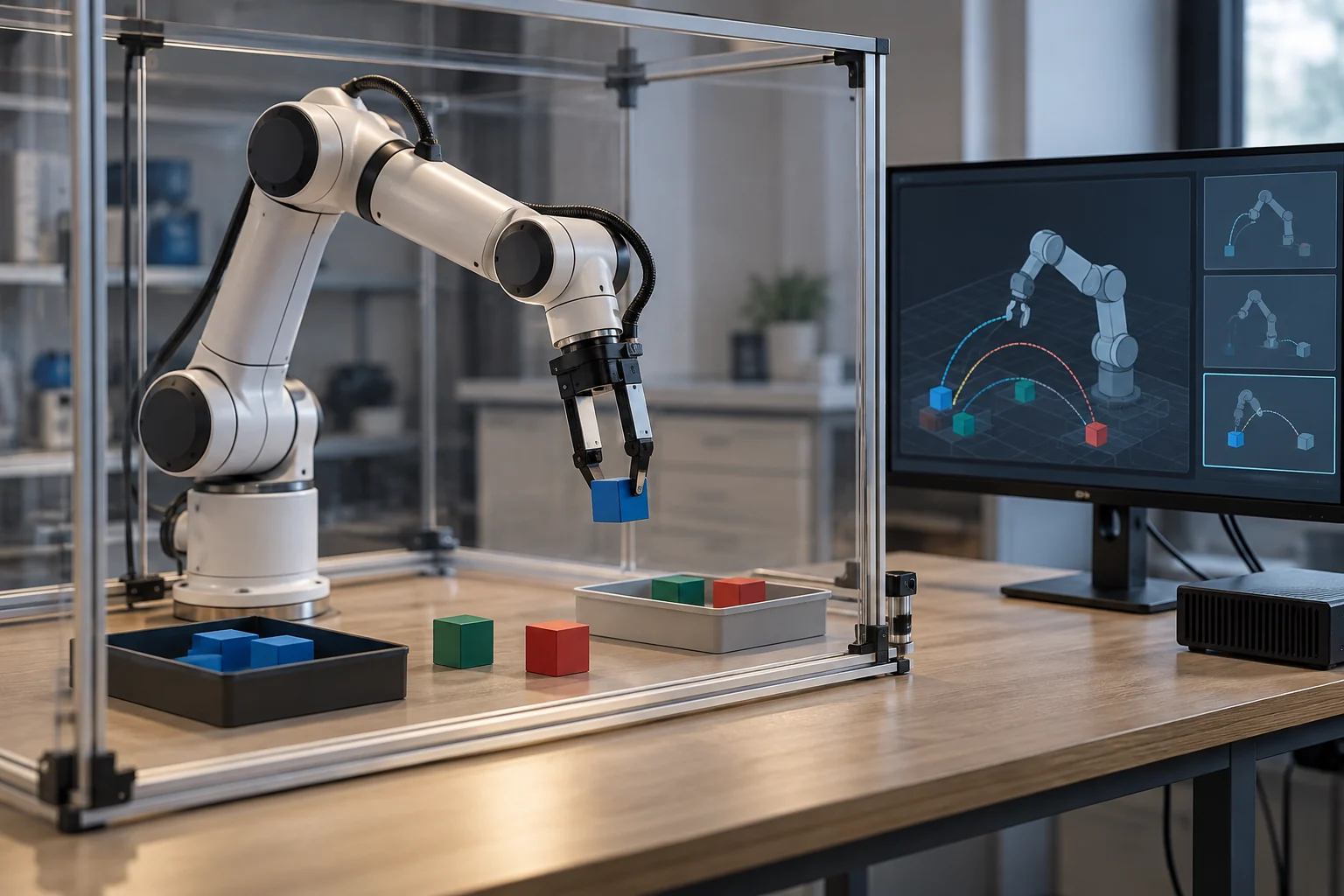 A laboratory robot testing a constrained movement policy.