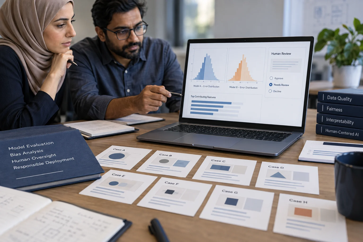 Model evaluation cases and error distributions under human review.