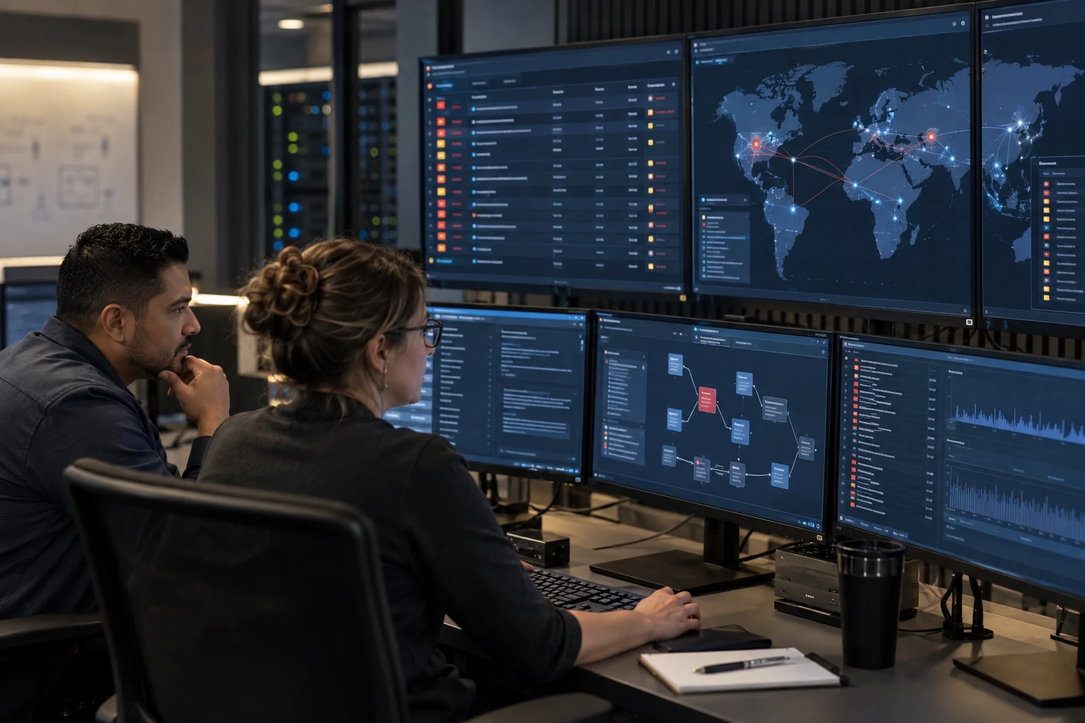 Security analysts reviewing events and a network map.