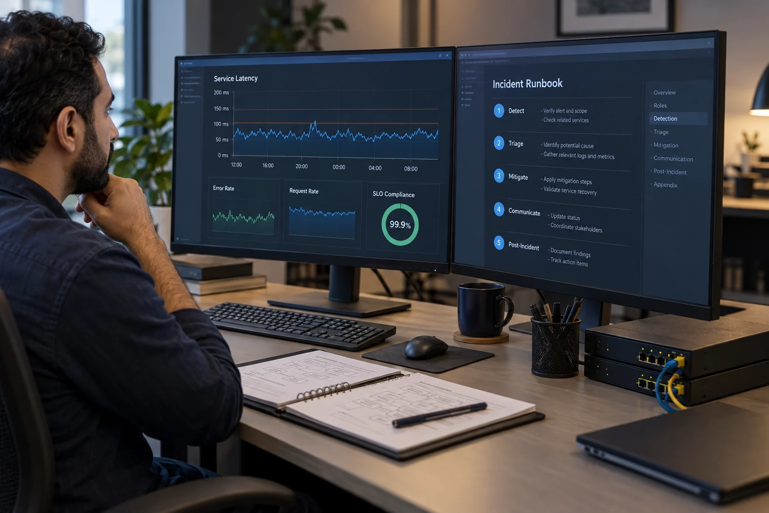 Service performance monitoring and an incident response runbook.