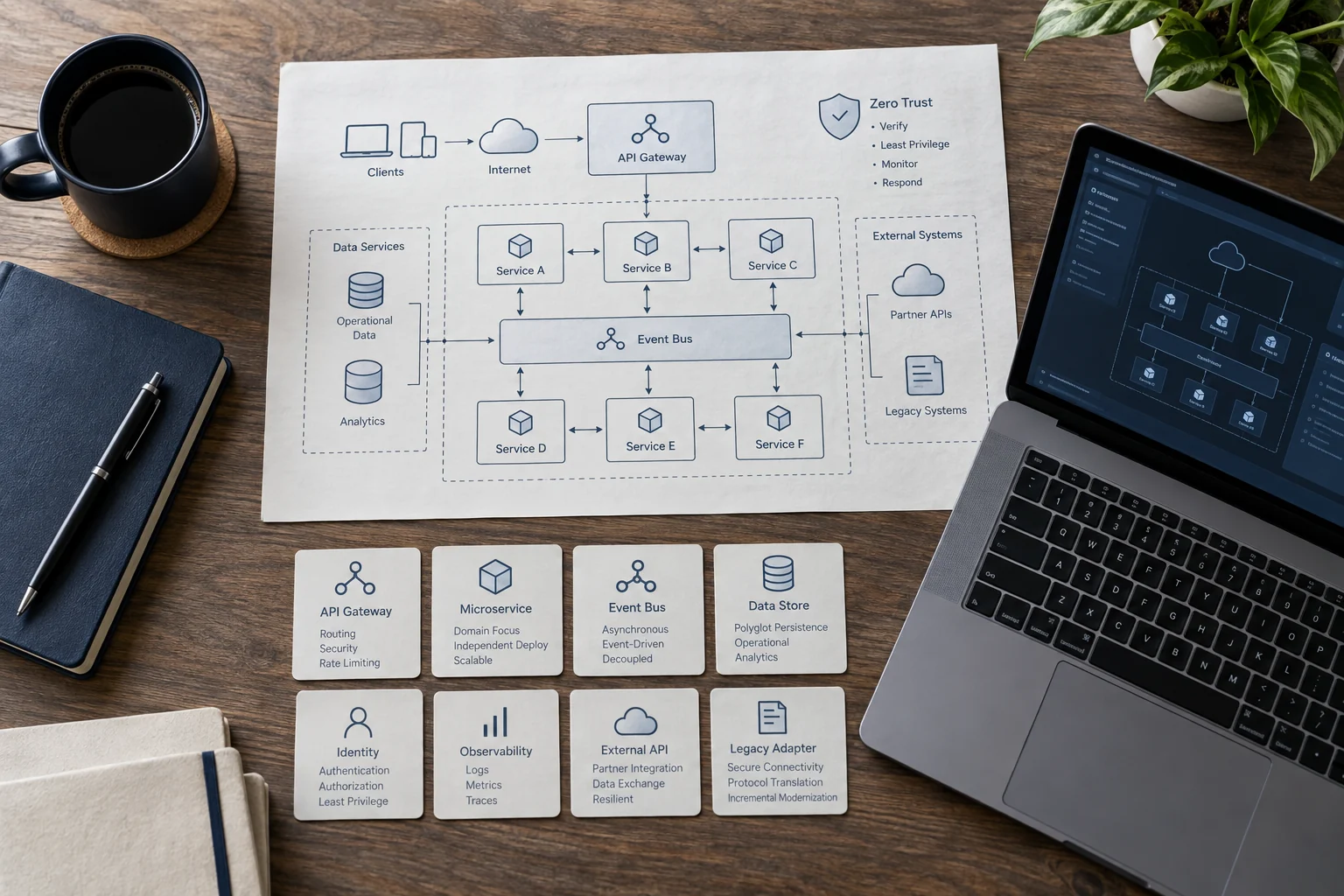 A software architecture plan with modular system components.