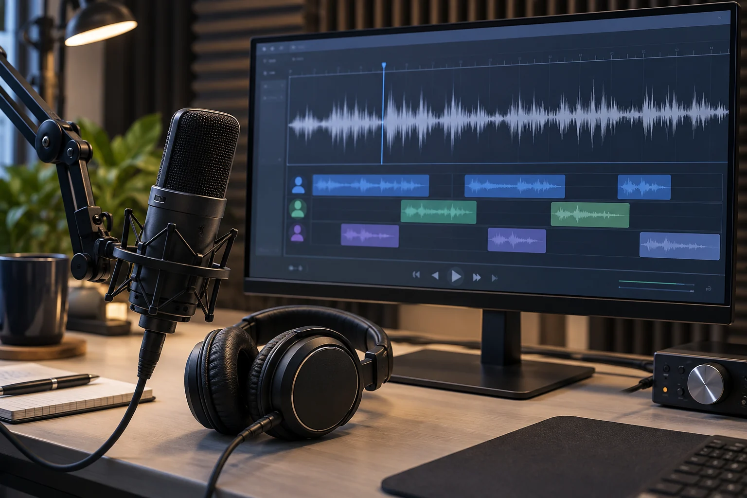A microphone and headphones beside speech-processing waveforms.