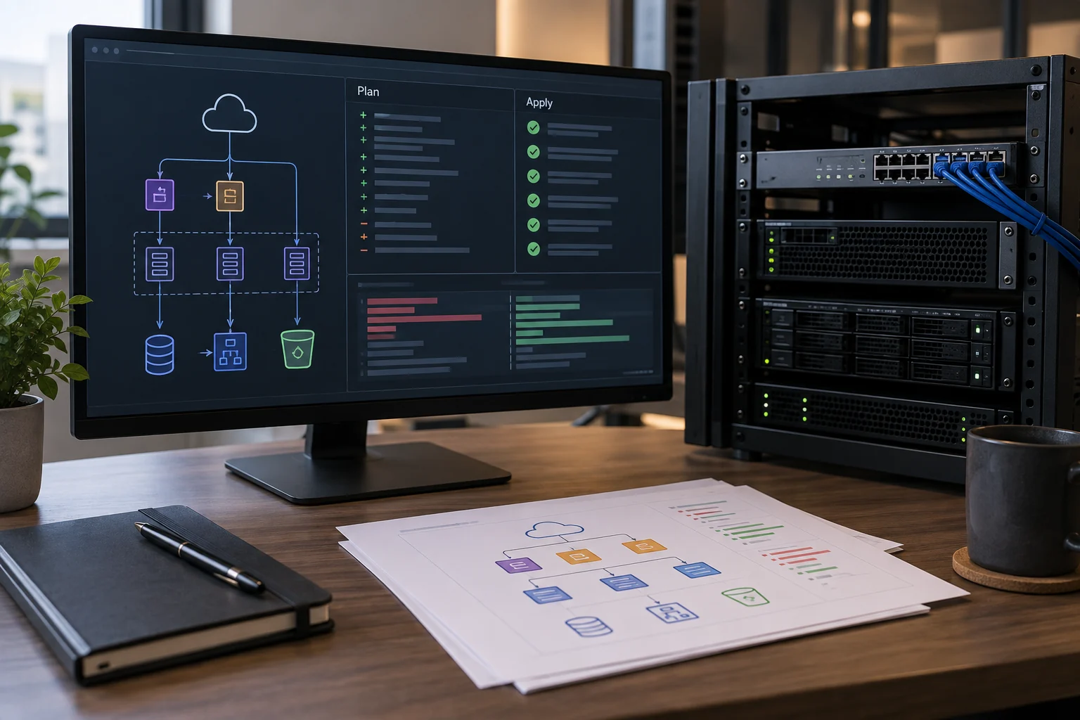 A versioned infrastructure plan beside matching compute equipment.