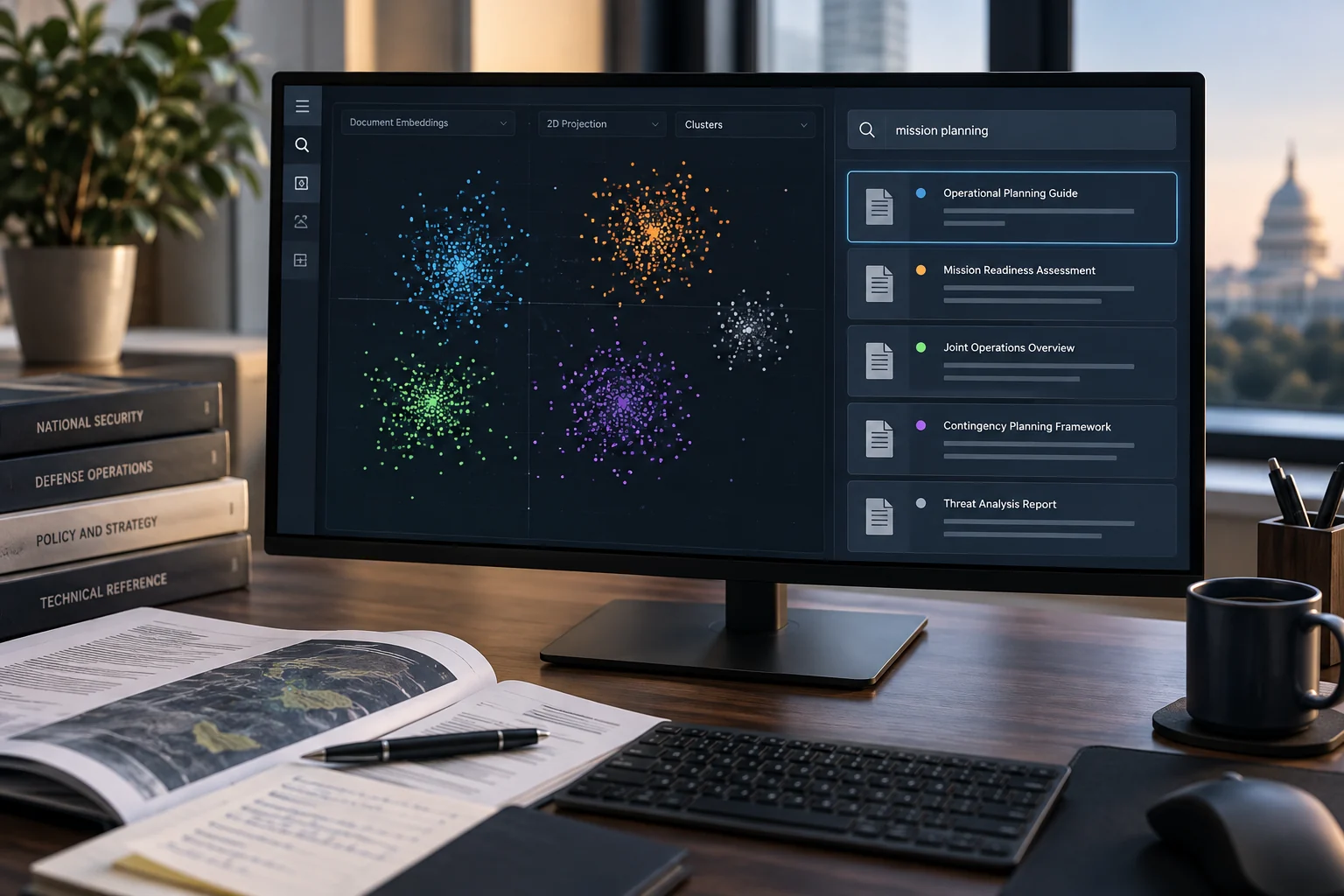 Document clusters and related records in a semantic search view.