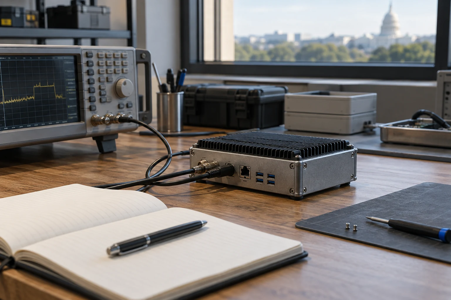 A small field-ready prototype on a real evaluation bench beside a simple reference instrument and an open blank lab notebook.