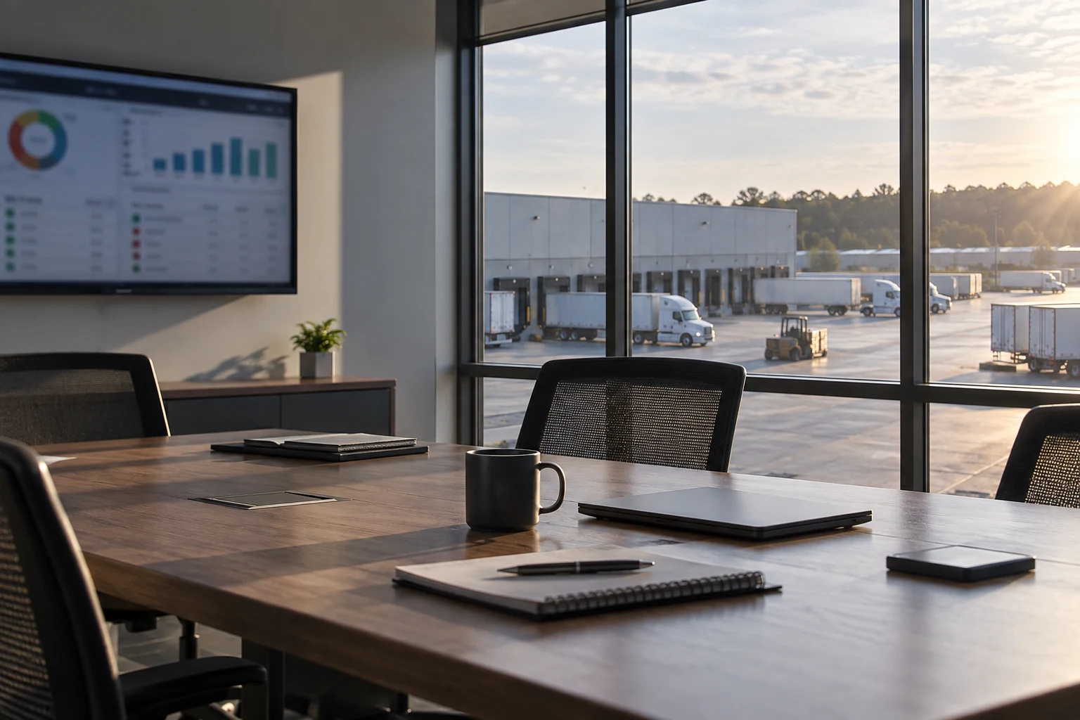 An empty operational planning room with a large real window onto a distribution yard; one modest physical status display is incidental and out of focus.
