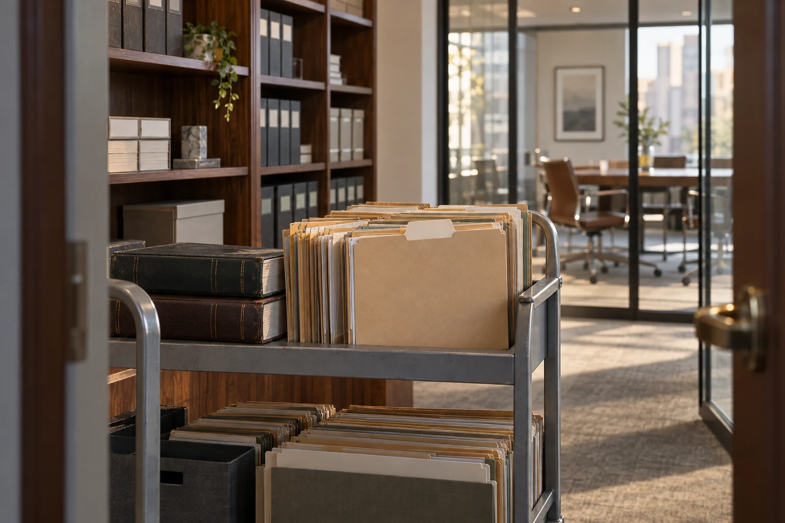 Organized client files and ledgers in a professional-services records room.