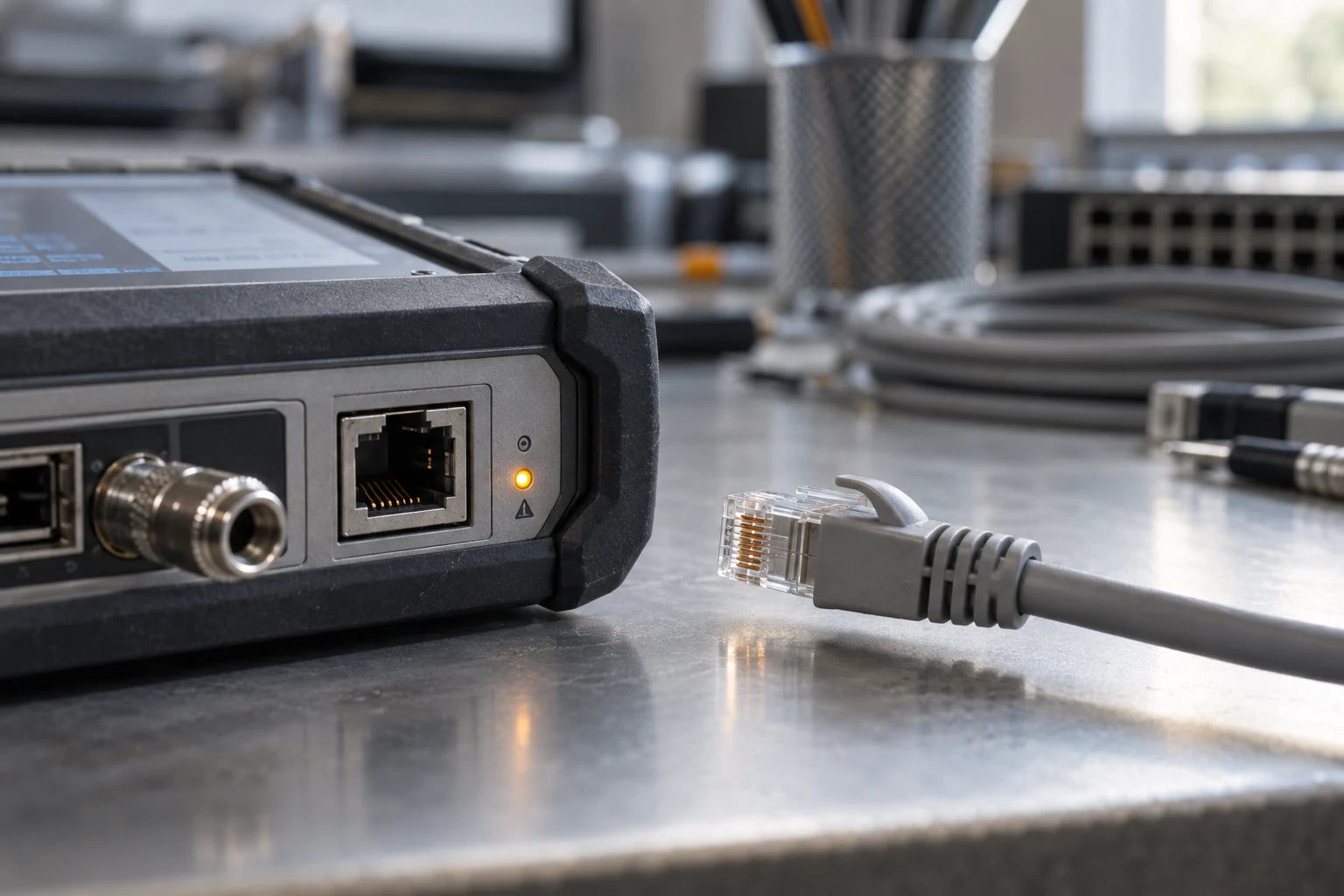 A network test instrument beside a deliberately disconnected patch connection.