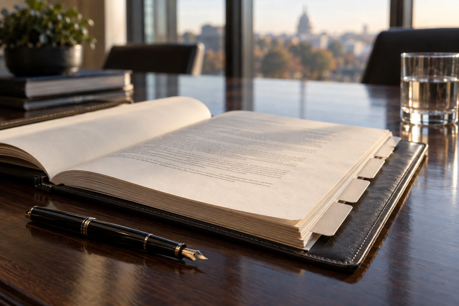 An agreement folio and pen on a dark oak conference table.