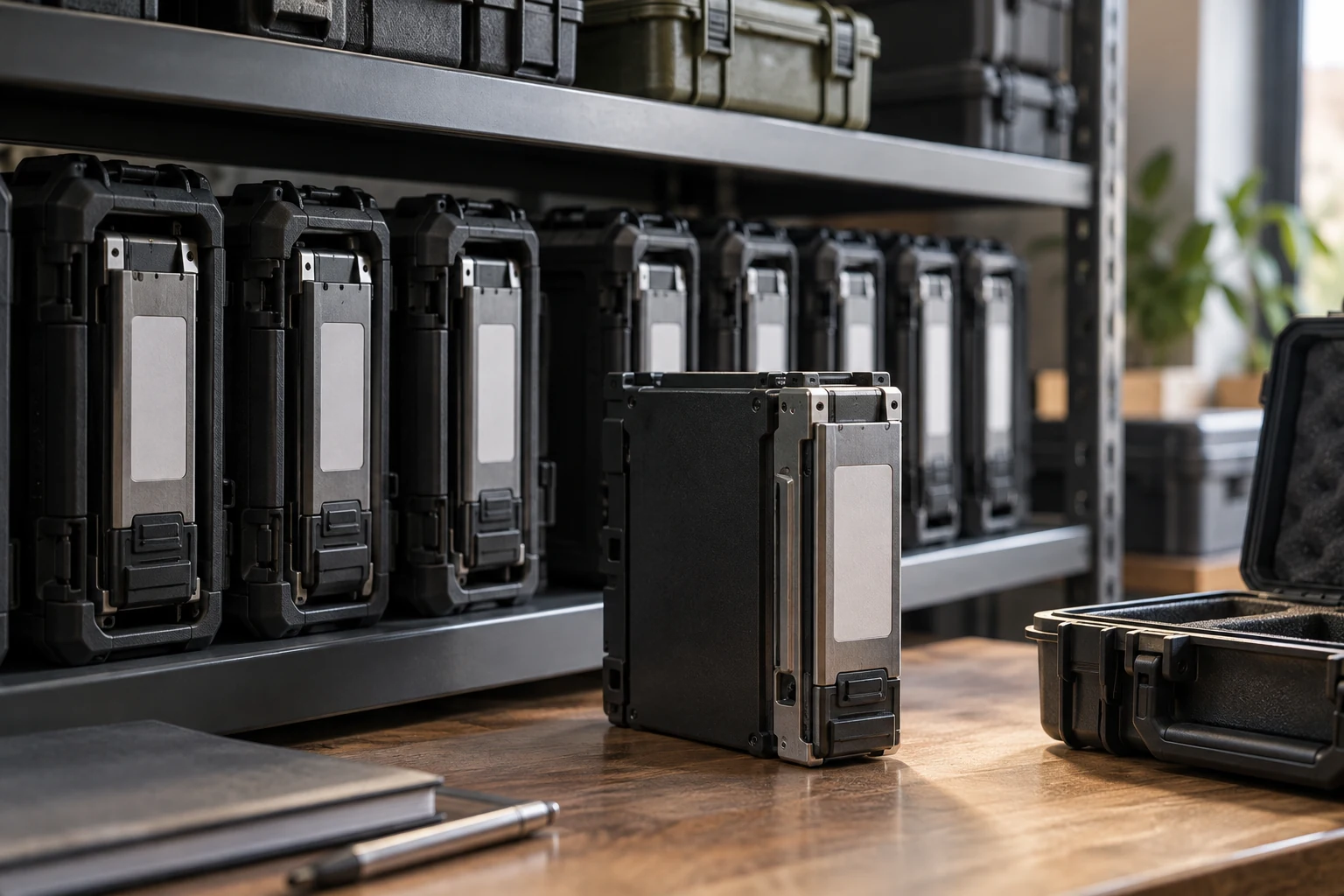 A carefully organized shelf of removable deployment cartridges in protective cases, one current module set forward for use.