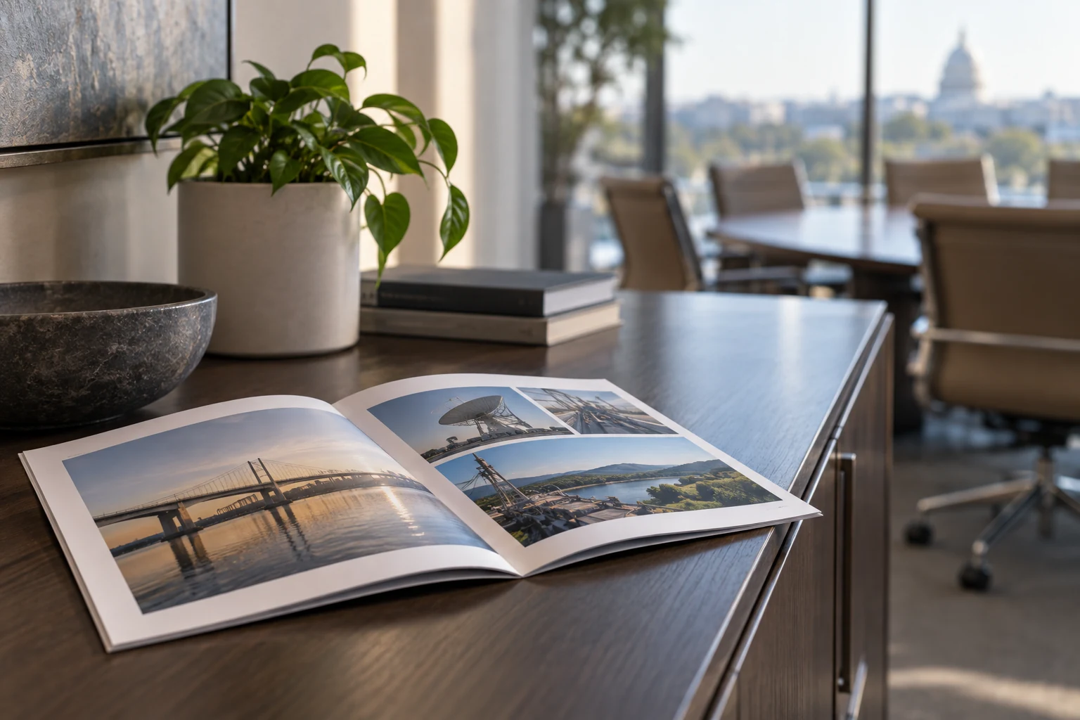 A slim printed capability portfolio with a few carefully selected real engineering photographs visible on its pages, placed on a quiet conference-room sideboard.