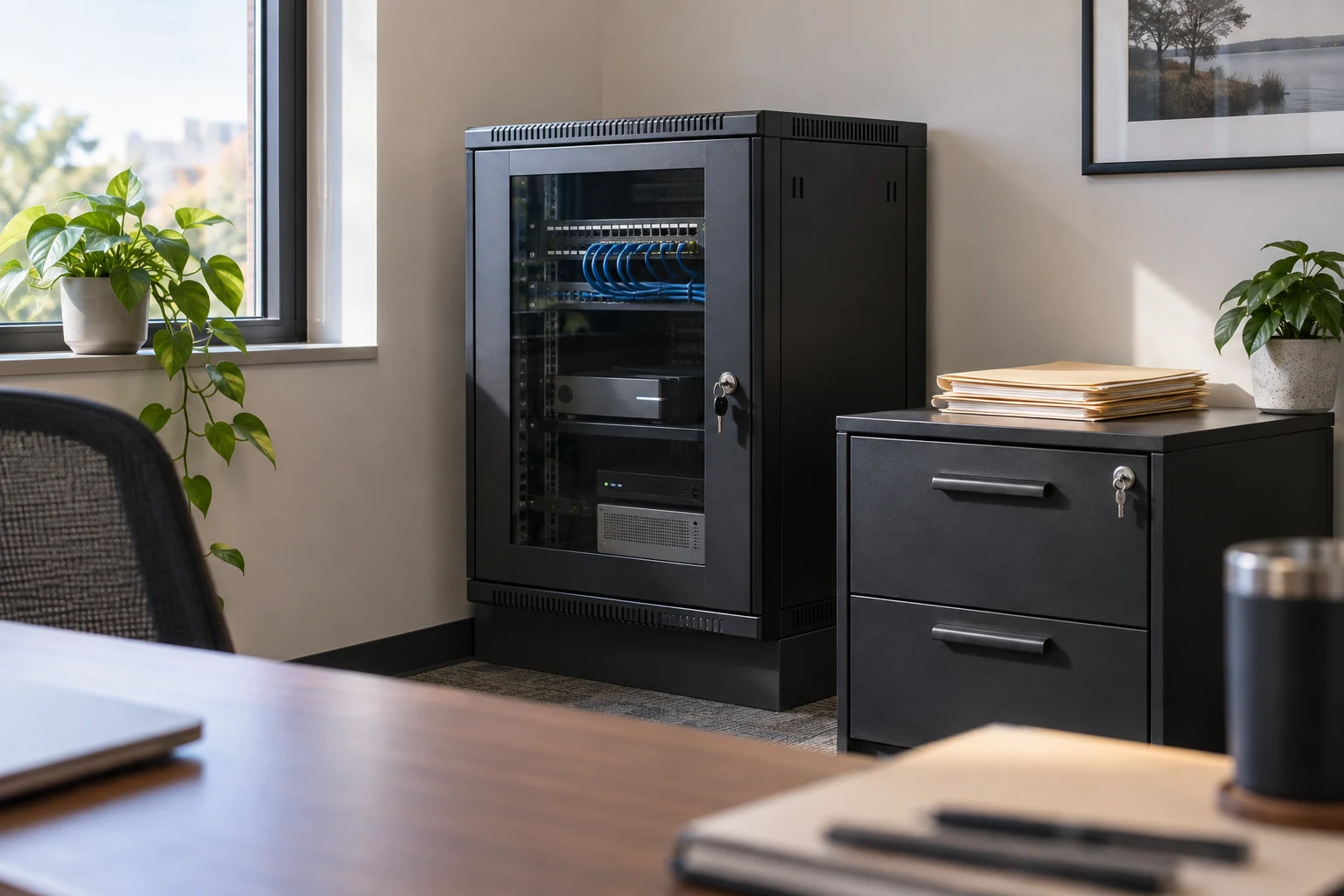 A small lockable network cabinet and secure document drawer inside a modest professional office.