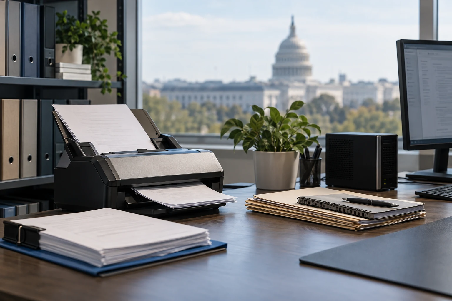 A real compliance evidence processing station with a compact document scanner, organized source files and a small ordinary computing appliance.