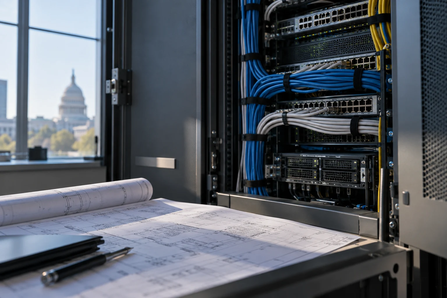 A physical enterprise network installation viewed through an open service panel, with its folded architecture drawing resting nearby.