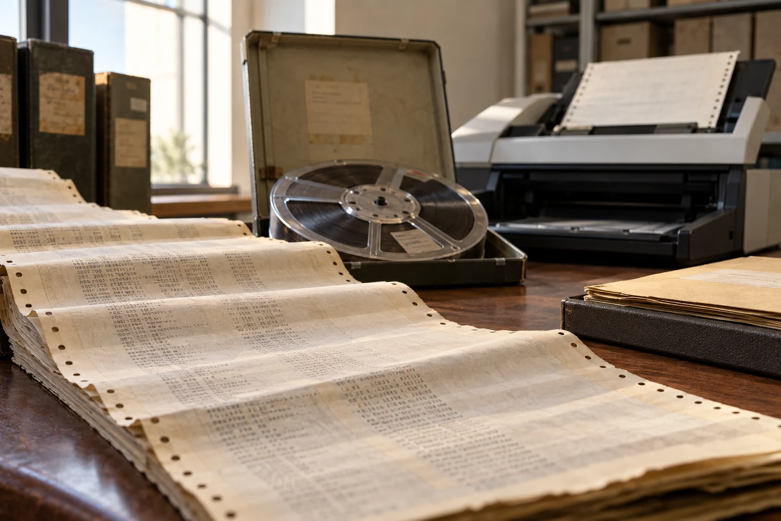 Legacy program listings and archival storage beside a document scanner.