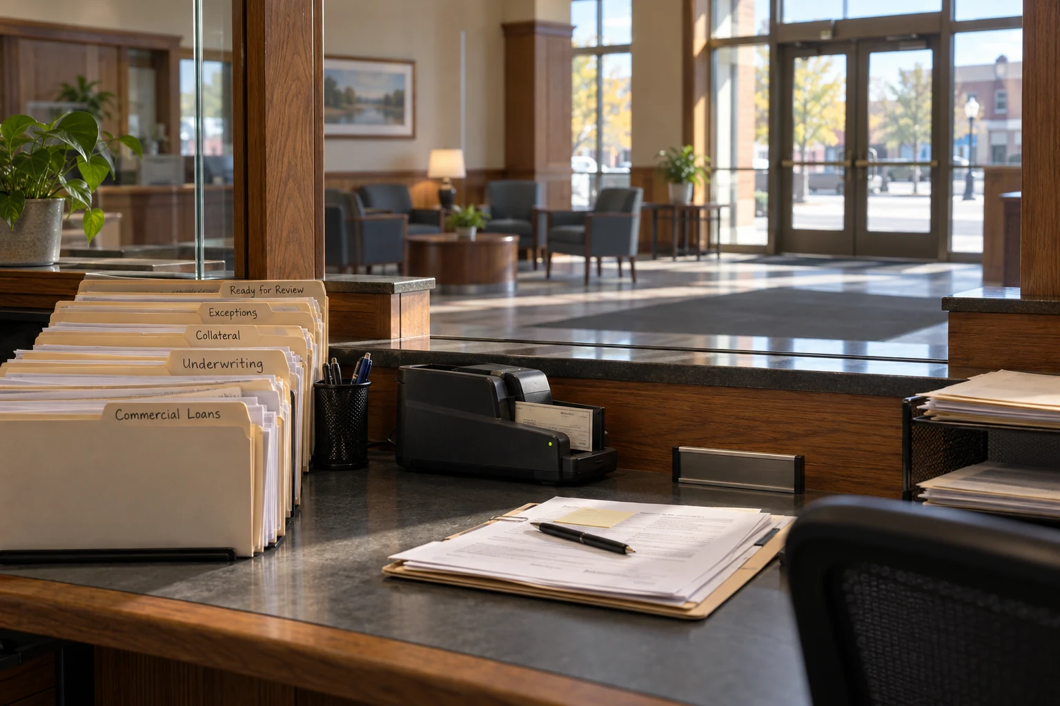 A regional bank operations area with loan files and a check scanner.